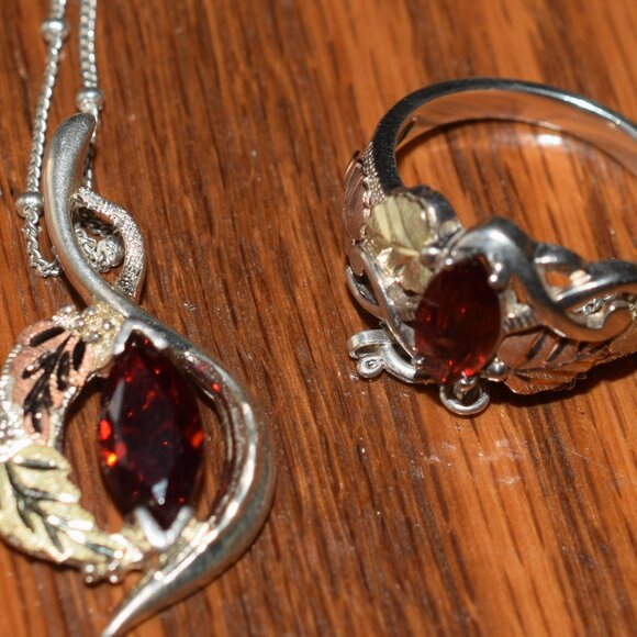 2 Sterling Garnet 12k. Black Hills Gold Necklace Ring Set January Birth Stone - Picture 2 of 14